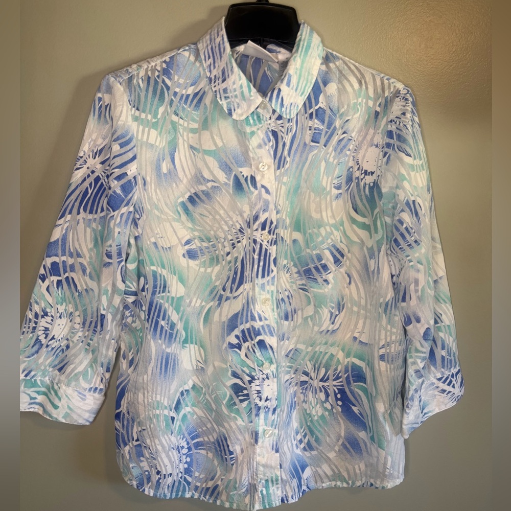 Alfred Dunner Lightweight Blue White & Teal Floral Button-Up Sheer Blouse 12